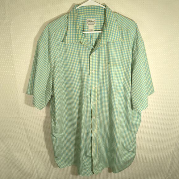 LL Bean XXL Tall Short Sleeve Shirt Traditional Fit Plaid Green Blue Yellow - Picture 1 of 3